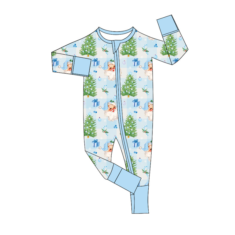 Preorder moq 5 Baby Infant Boys Long Sleeves Blue Plaid Santa Trees Zipper Romper