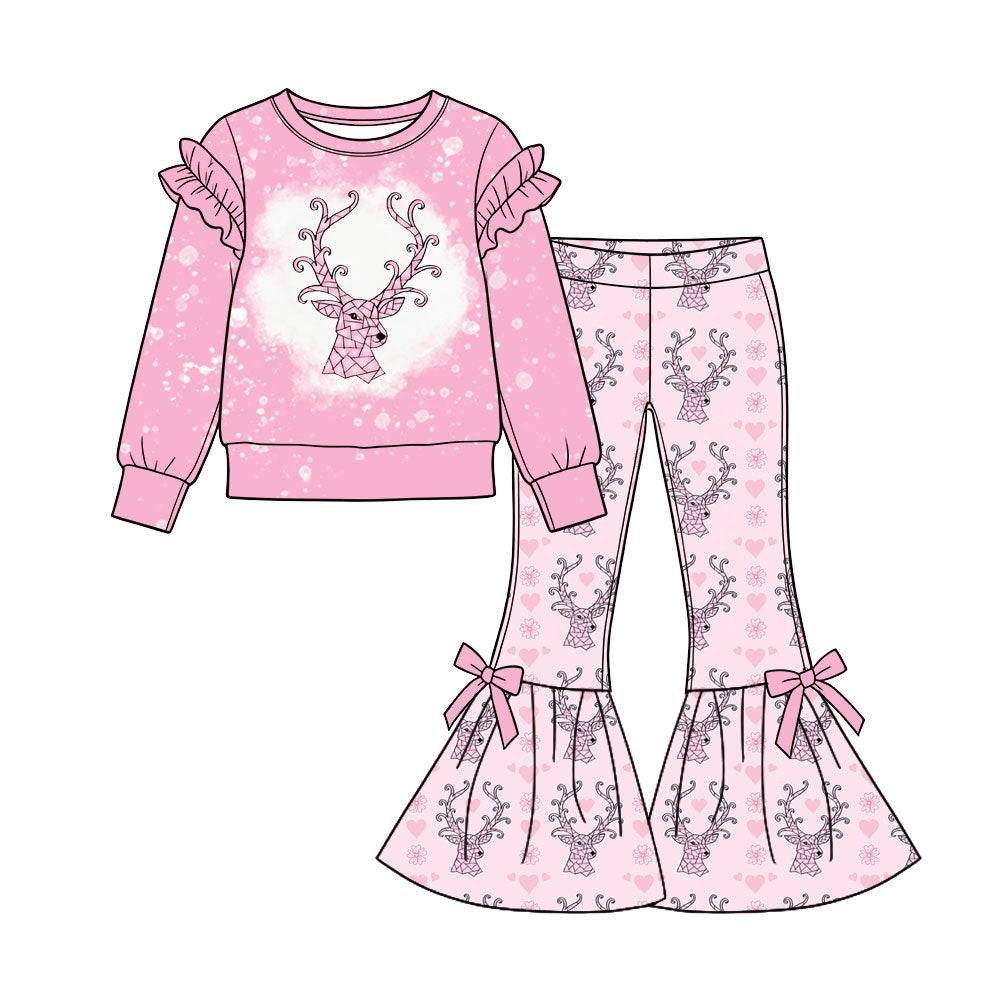 Preorder (moq 5) Baby Girl Clothes Geometric Deer Heart Mixed Print Long Sleeve Flare Pant Set