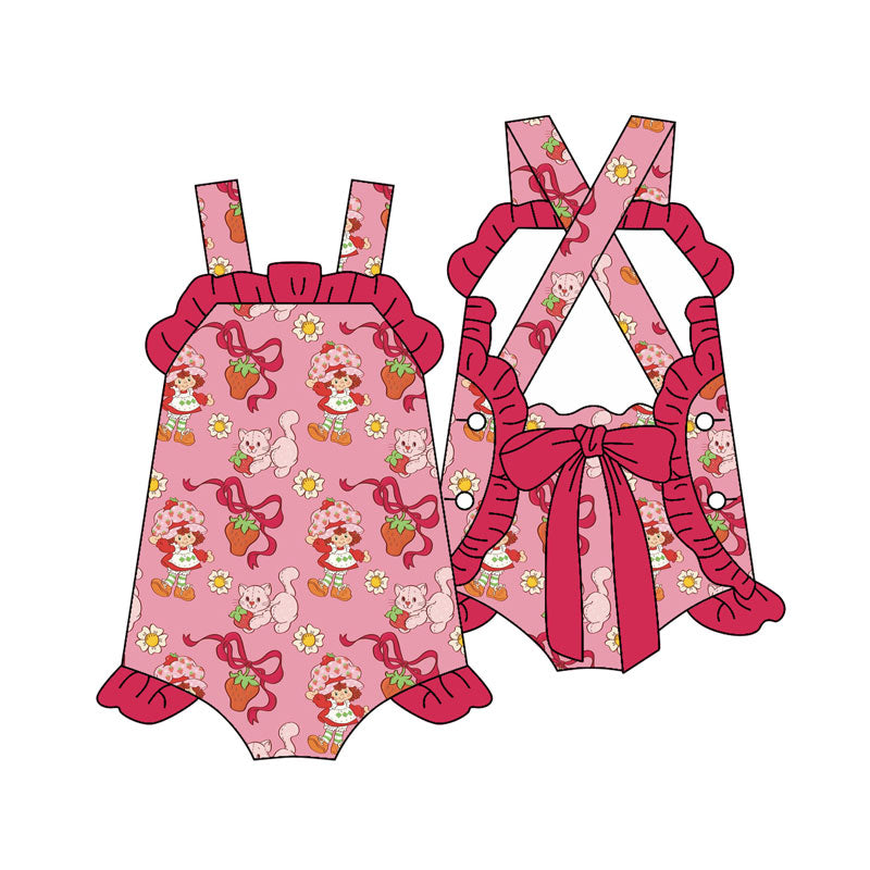 Preorder (moq 5)Baby Girls Strap Flowers Strawberry Girls Back Bows Ruffle Rompers
