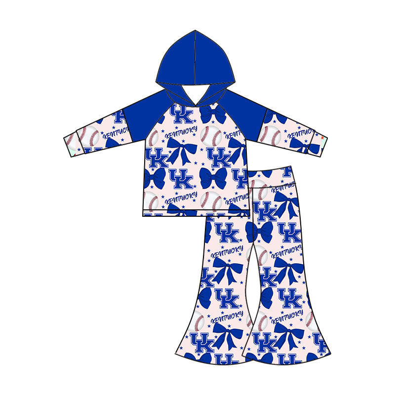 Preorder (moq 5)Baby Girls Long Sleeves Baseballs Bows UK Hoodie Top Bell Bottom Pant Team Set
