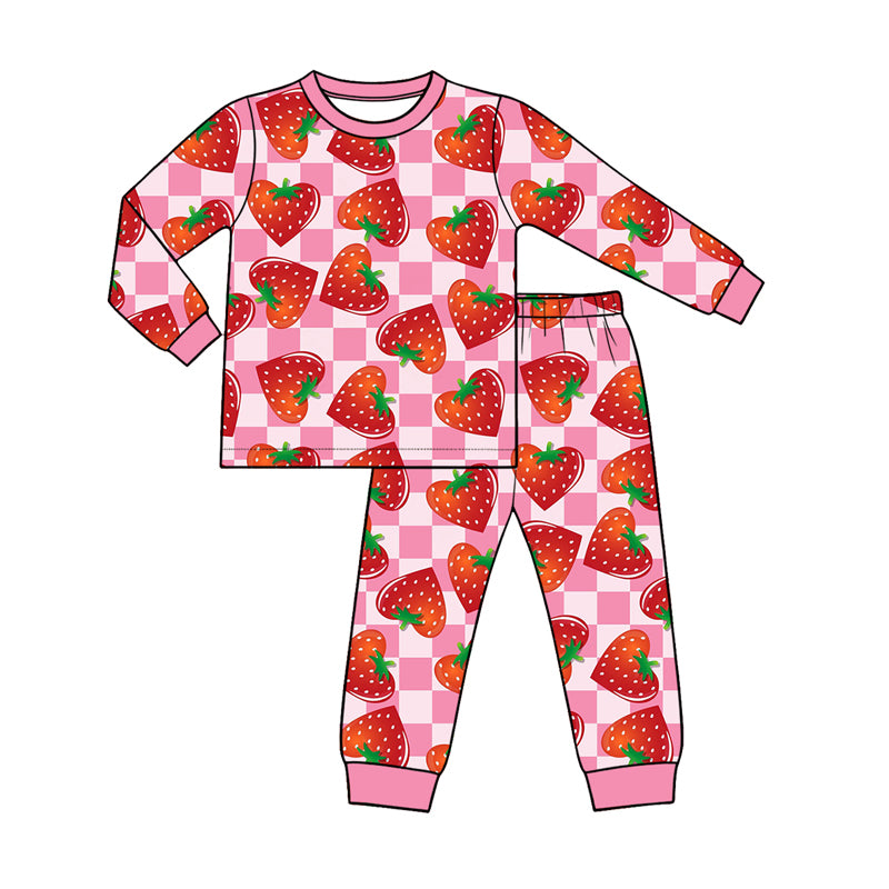 Preorder (moq 5) Baby Girl Clothes Pink Check Strawberry Allover Print Long Sleeve Pajama Set