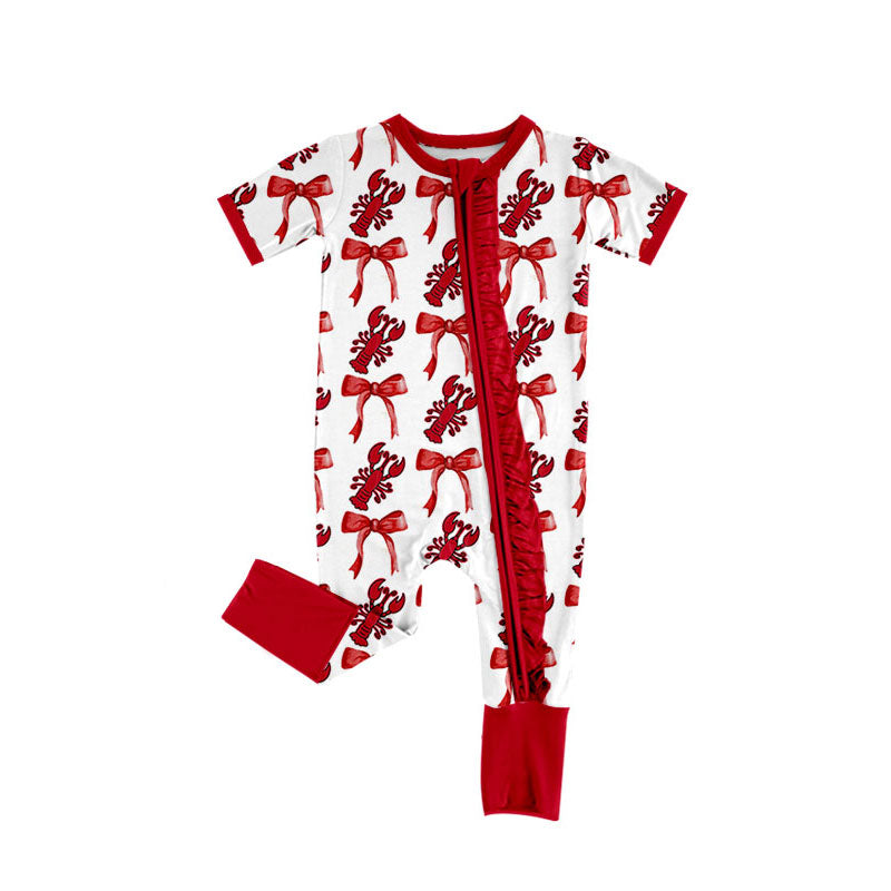 Preorder(moq 8)Baby Girls Red Bows Crayfishes Plaid Ruffle Zipper Footie Rompers