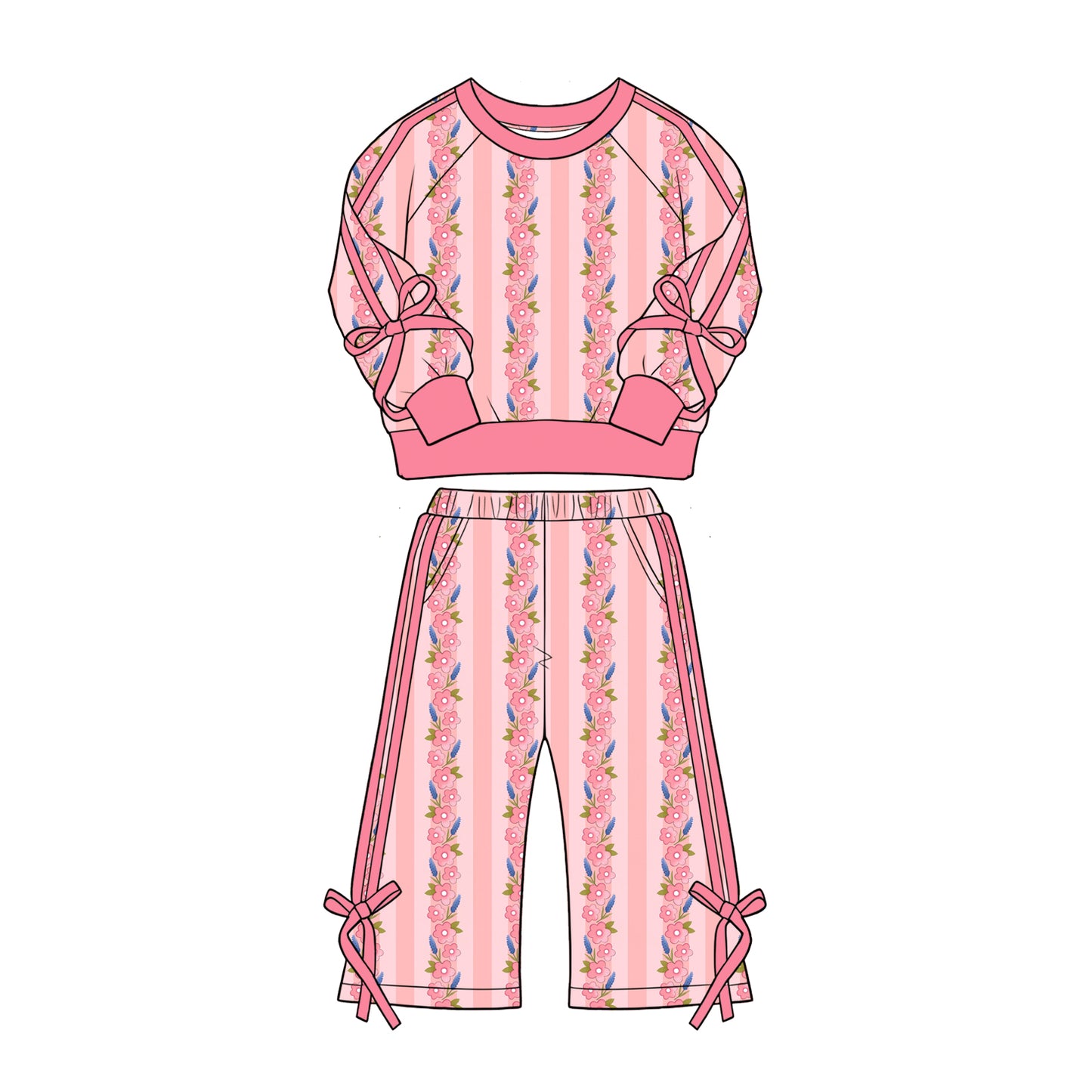 Preorder (moq 5)Baby Girls Pink Flowers Stripe Top Flare Pockets Pant Clothes Sets