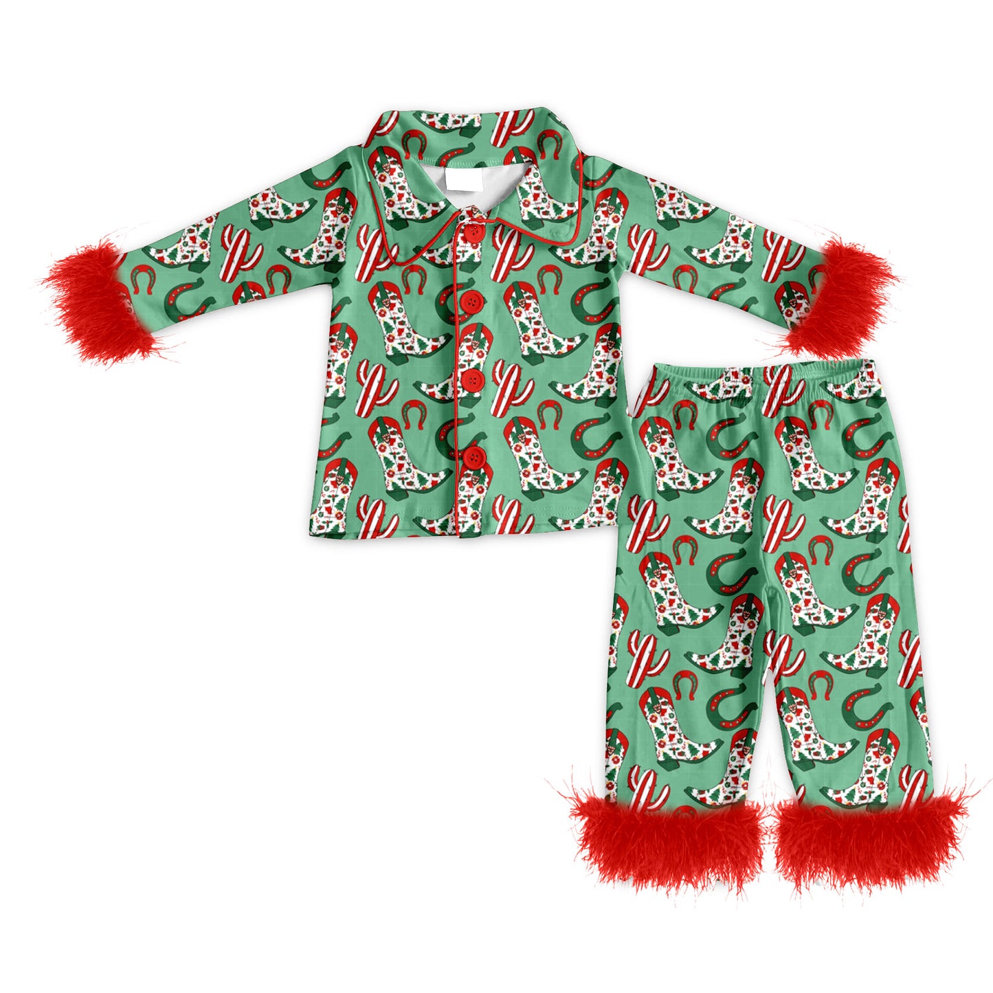 Preorder (moq 5)Baby Girls Long Sleeves With Fur Green Boots Cactus Button Top Pant Pajamas Set