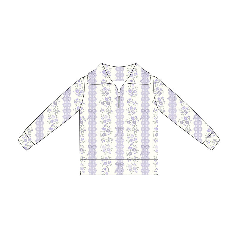Preorder(moq 5) Baby Girls Lavender Bows Flowers Stripes Zipper Pullovers Top