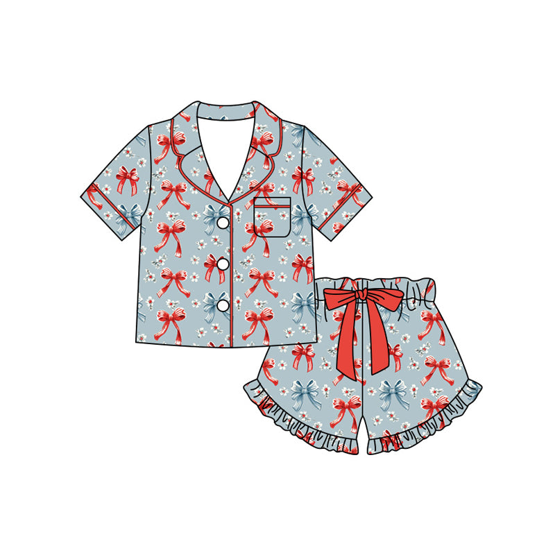 Preorder (moq 5)Baby Girls Bow Flowers Button Pocket Top Ruffle Short Western Pajamas Sets