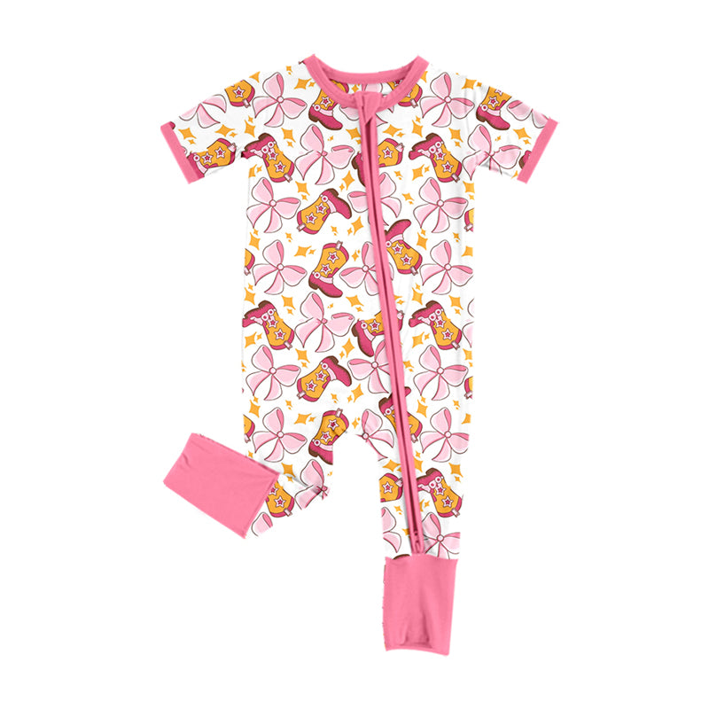 Preorder (moq 5)Baby Girls Pink Short Sleeves Bows Boots Stars Zipper Rompers