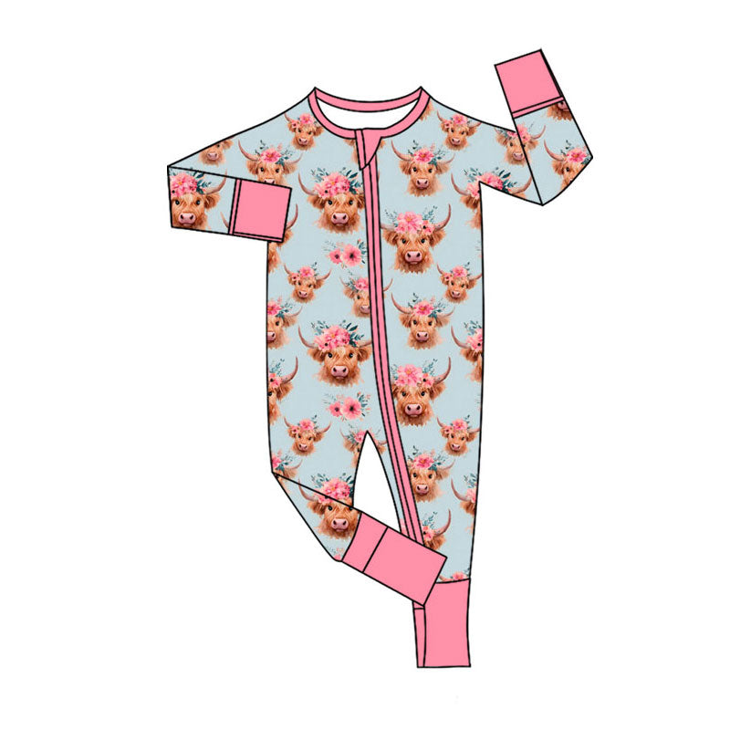 Preorder (moq 5)Baby Girls Pink Flowers Highland Cows Western Two Way Zip Convertible Rompers