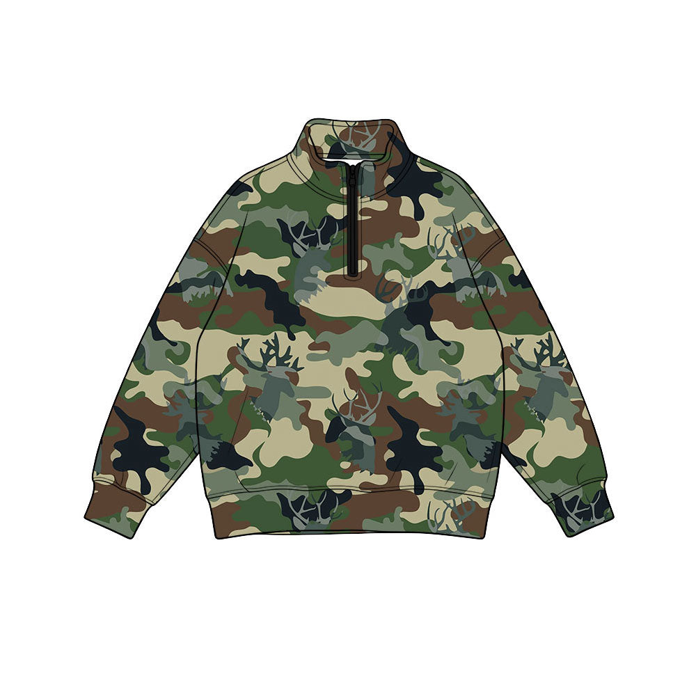 Preorder(moq 5) Baby Boys Long Sleeve Green Brown Deer Camo Hunting Zip Pullovers Top