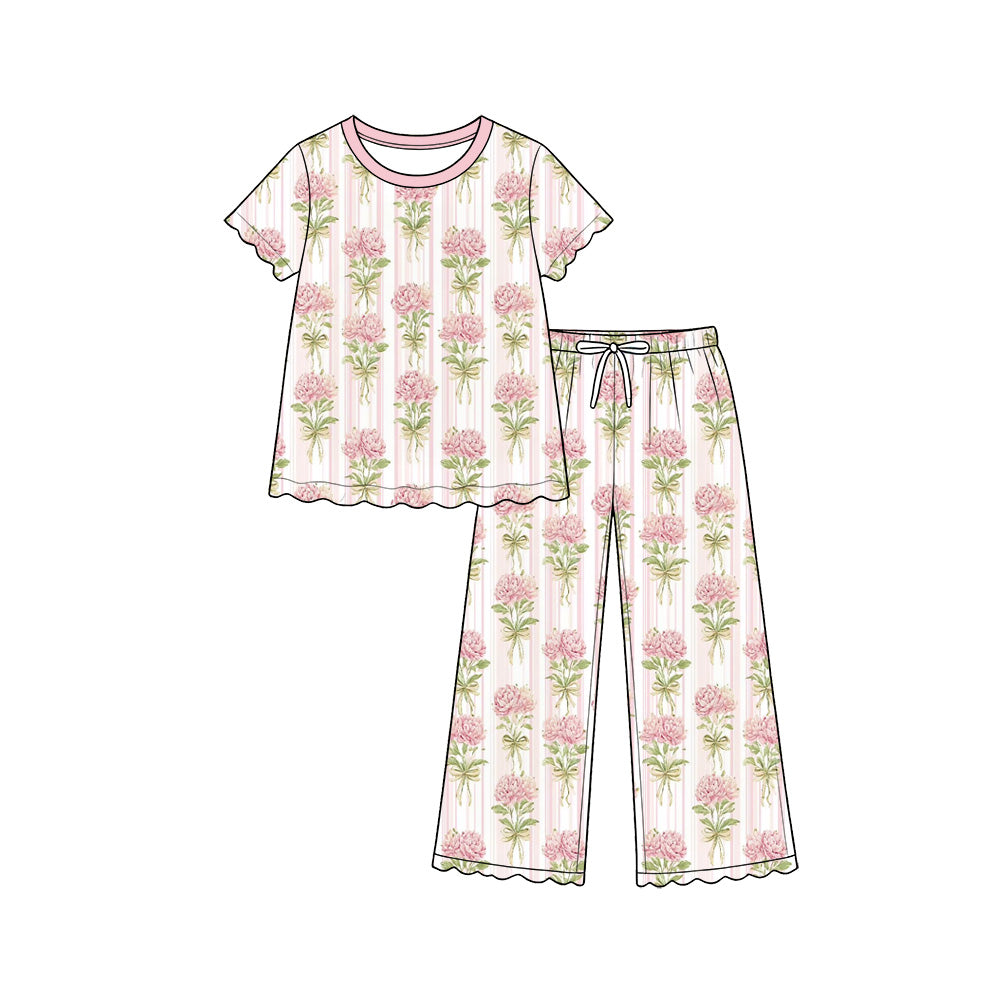 Preorder (moq 5) Baby Girl Clothes Pink Carnation Bow Stripe Mixed Print Short Sleeve Scallop Pajama Pant Set