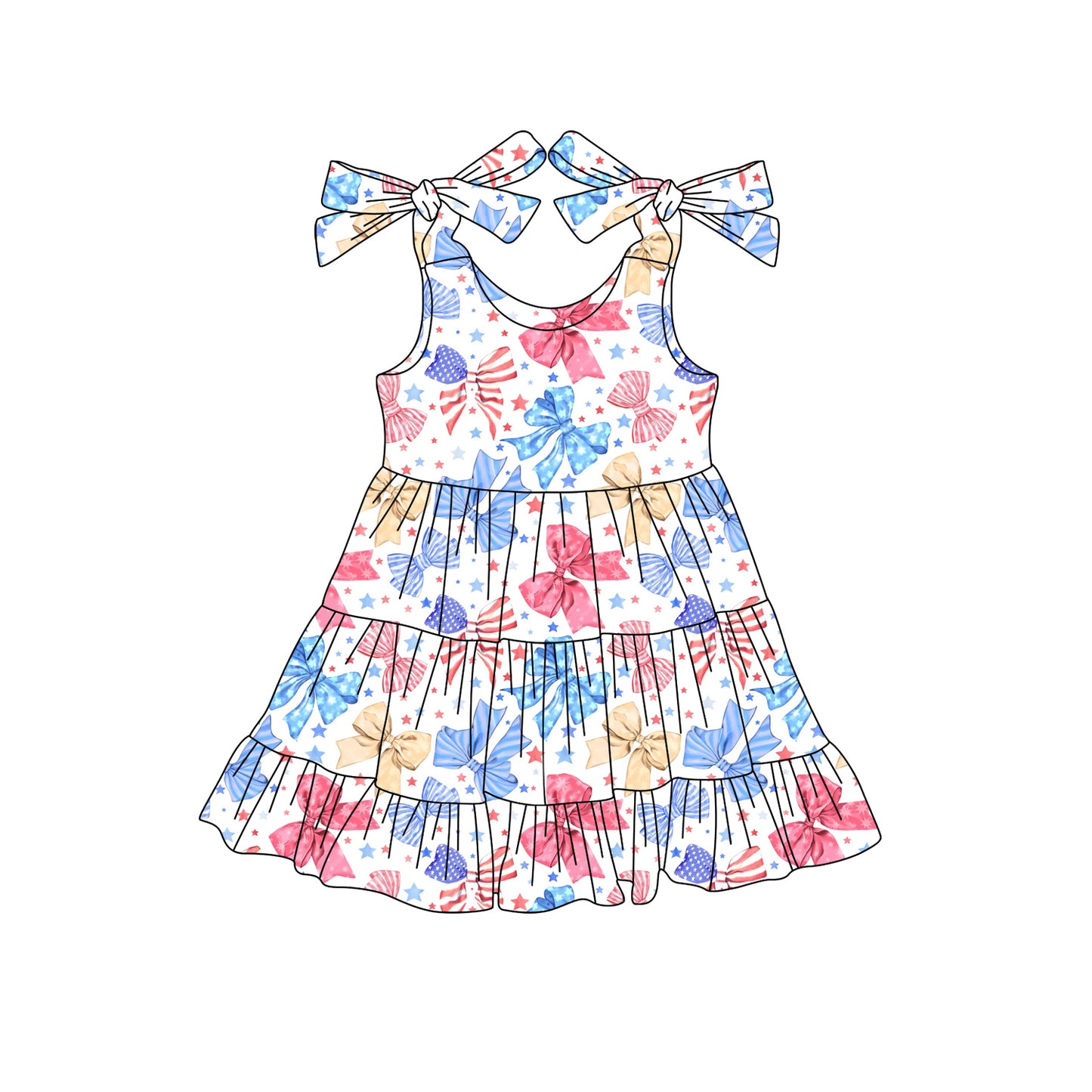 Preorder (moq 5)Baby Girls Strap Blue Red Bows Stars 4th Of July Knee Length Dresses