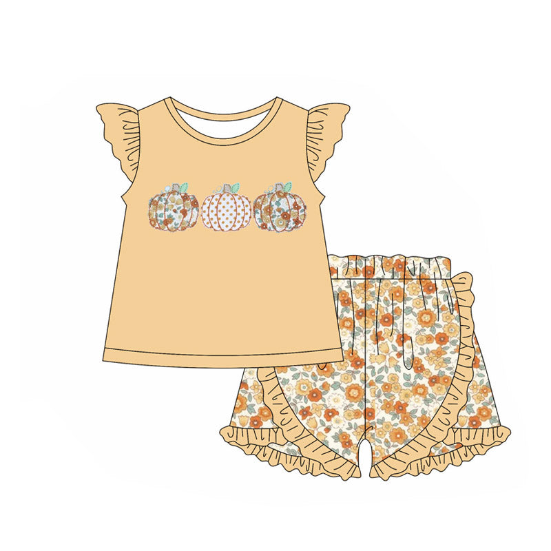 Preorder (moq 5)Baby Girls Yellow Flutter Sleeves Floral Pumpkins Top Ruffle Shorts Set