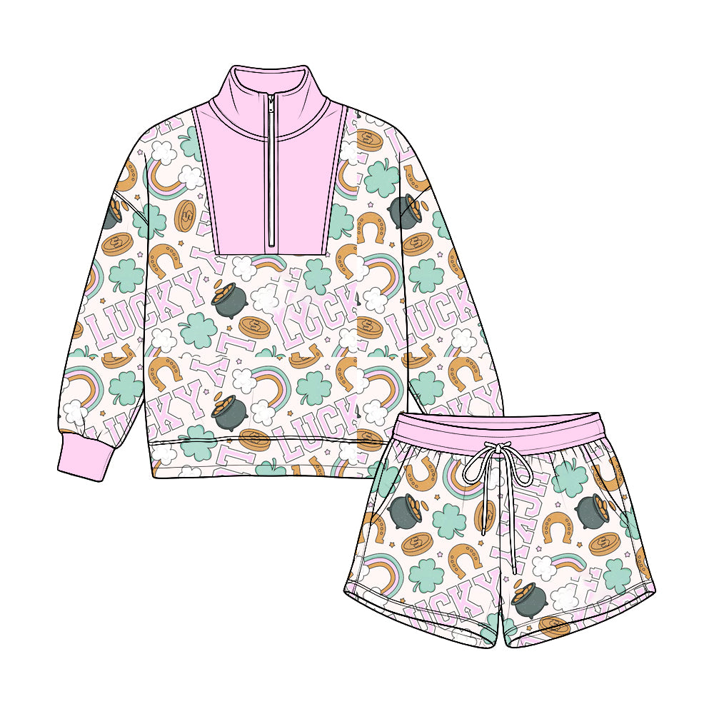 Pre-order(moq5) Kids’ Half-Zip Top & Shorts 2-Piece Set, Light Purple Rainbow, Pot of Gold & Clover Print Outfit