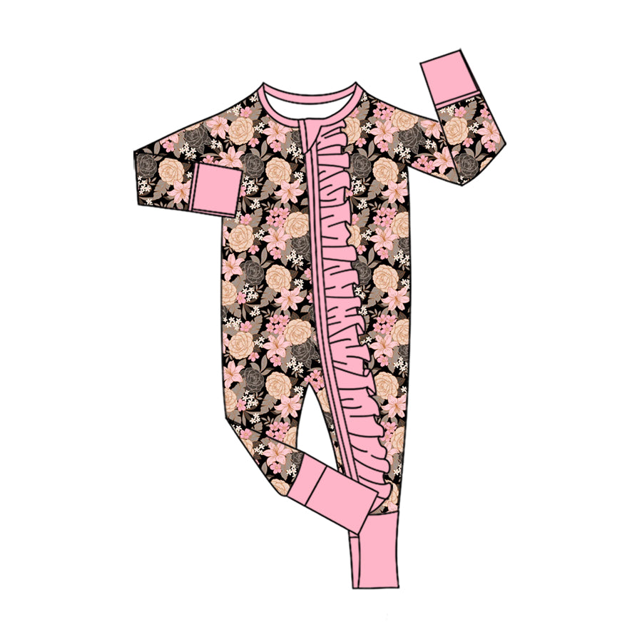 Preorder (moq 5)Baby Girls Colorful Flowers Two Way Ruffle Zip Convertible Rompers