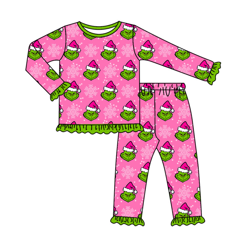 Preorder (moq 5)Baby Girls Green Face Snowflake Top Pant Christmas Pajamas Set