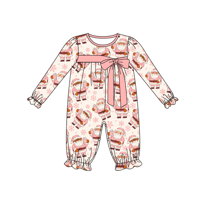 Preorder (moq 5)Baby Girls Long Ruffle Sleeves Pink Santa Snowflake Pant Rompers