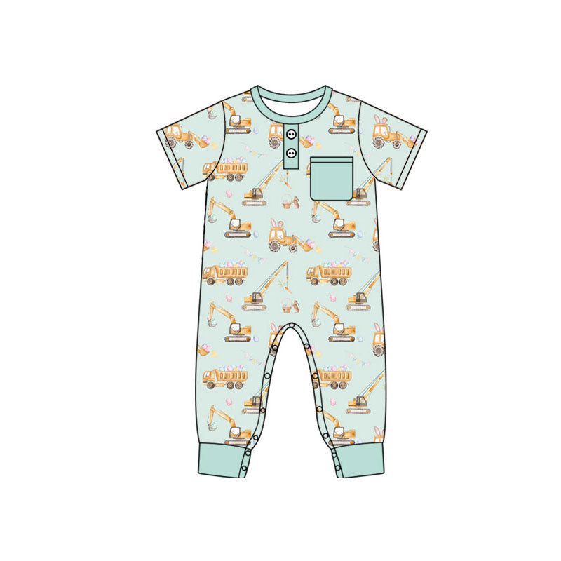 Preorder (moq 8)Baby Boys Button Pocket Excavators Eggs Easter Footie Rompers