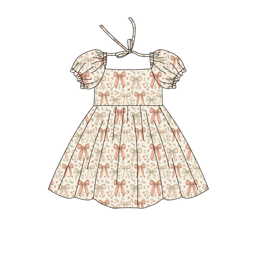 Preorder (moq 5)Baby Girls Short Ruffle Sleeve Colorful Flowers Bows Knee Length Dresses