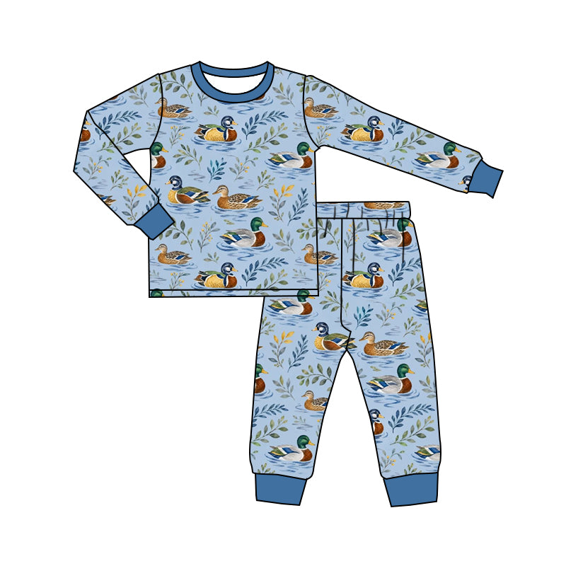 Preorder (moq 5) Baby Boy Clothes Blue Duck Water Foliage Print Long Sleeve Top Jogger Pant Pajama Set