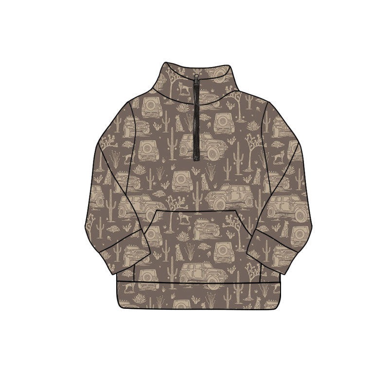 Preorder (moq 5)Baby Boys Long Sleeve Dogs Cactus Zip Pockets Western Pullovers Top