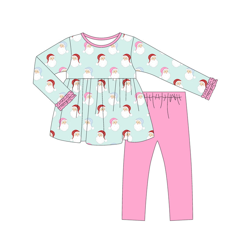 Preorder (moq 5)Baby Girls Long Ruffle Sleeves Santa Plaid Tunic Pink Legging Pant Set