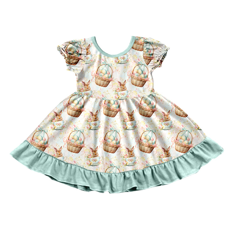 Preorder (moq 5) Baby Girl Clothes Easter Bunny Egg Basket Tea Cup Mixed Print Short Sleeve Ruffle Twirl Dress