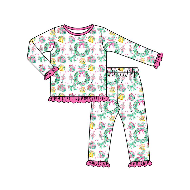 Preorder (moq 5)Baby Girls Long Sleeves Holly Soldiers Top Ruffle Pant Pajamas Clothes Set