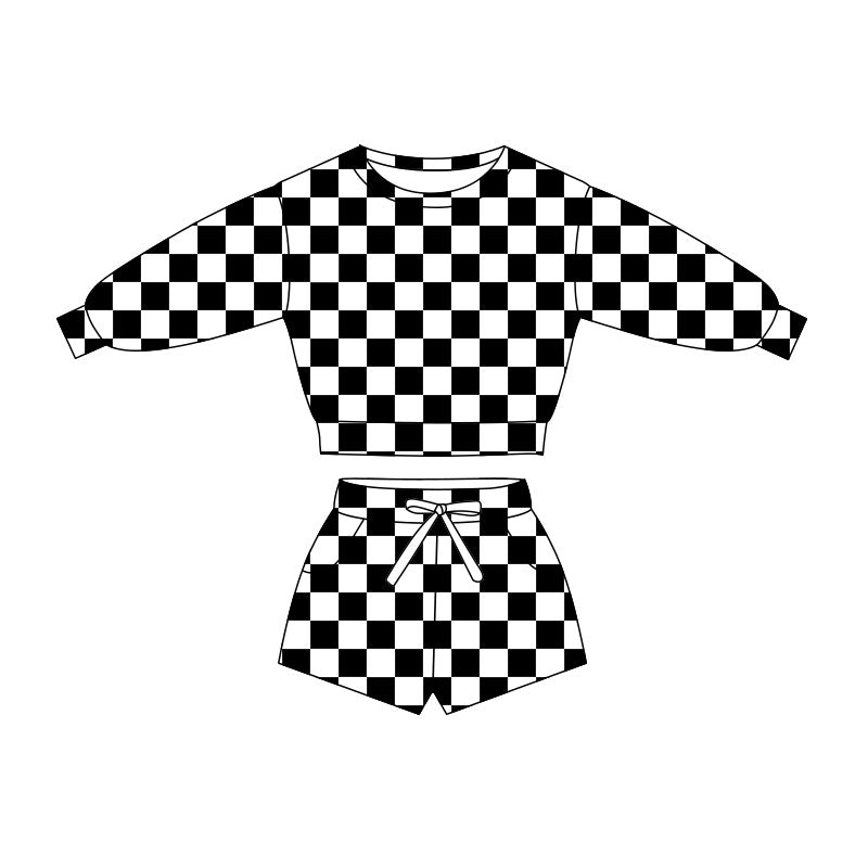 Preorder(moq 5) Baby Girls Black Checked Long Sleeve Pockets Shorts Clothes Sets