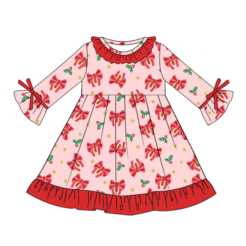 Preorder (moq 5)Baby Girls Red Bows Holly Christmas Ruffle Knee Length Dresses