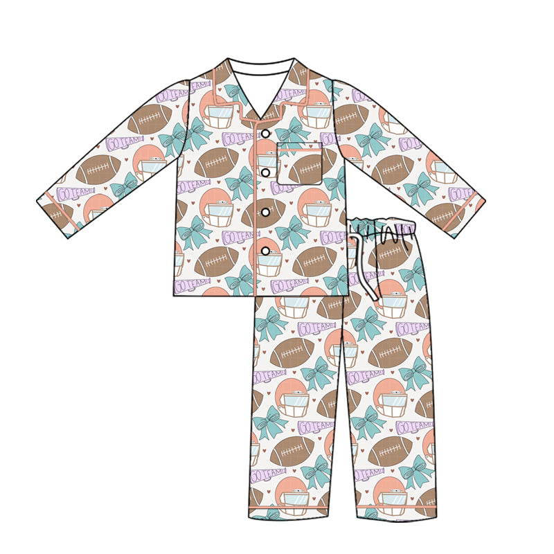 Preorder (moq 5)Baby Girls Bows Footballs Button Pocket Top Pant Team Pajamas Sets