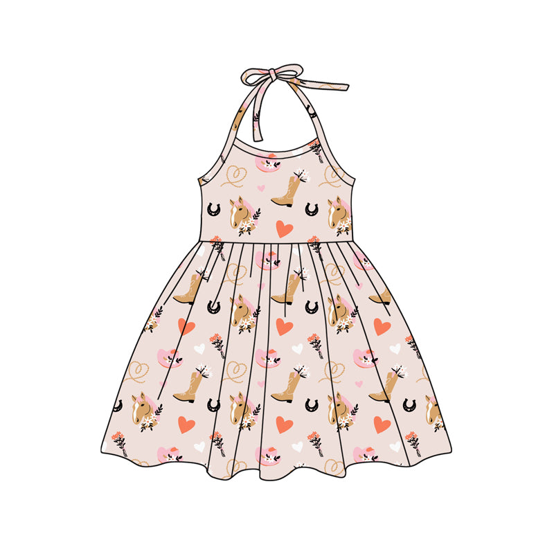Preorder (moq 5)Baby Girls Pink Strap Boots Horses Hearts Knee Length Dress