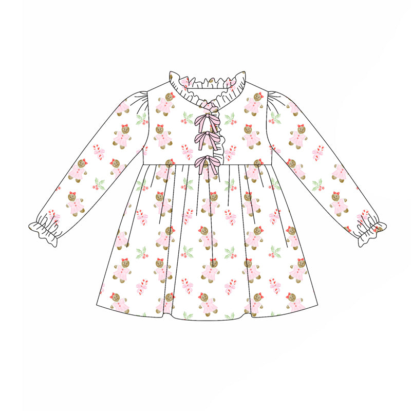 preorder(moq 5) Baby Girls Long Sleeves Pink Gingerbread Holly Plaid Knee Length Dress
