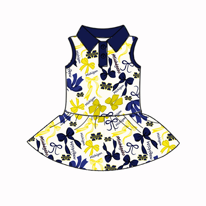 Preorder (moq 5)Baby Girls Sleeveless Yellow Navy Bows Plaid Button Team Knee Length Dresses
