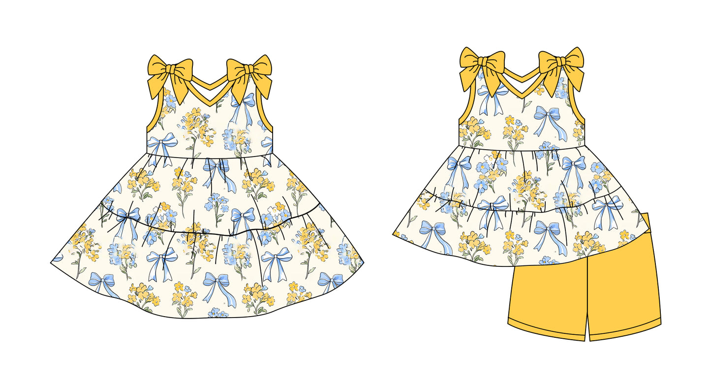 Preorder moq 5 Custom Baby Girls Yellow Bows Floral Tunic Short Set Knee Length Dresses