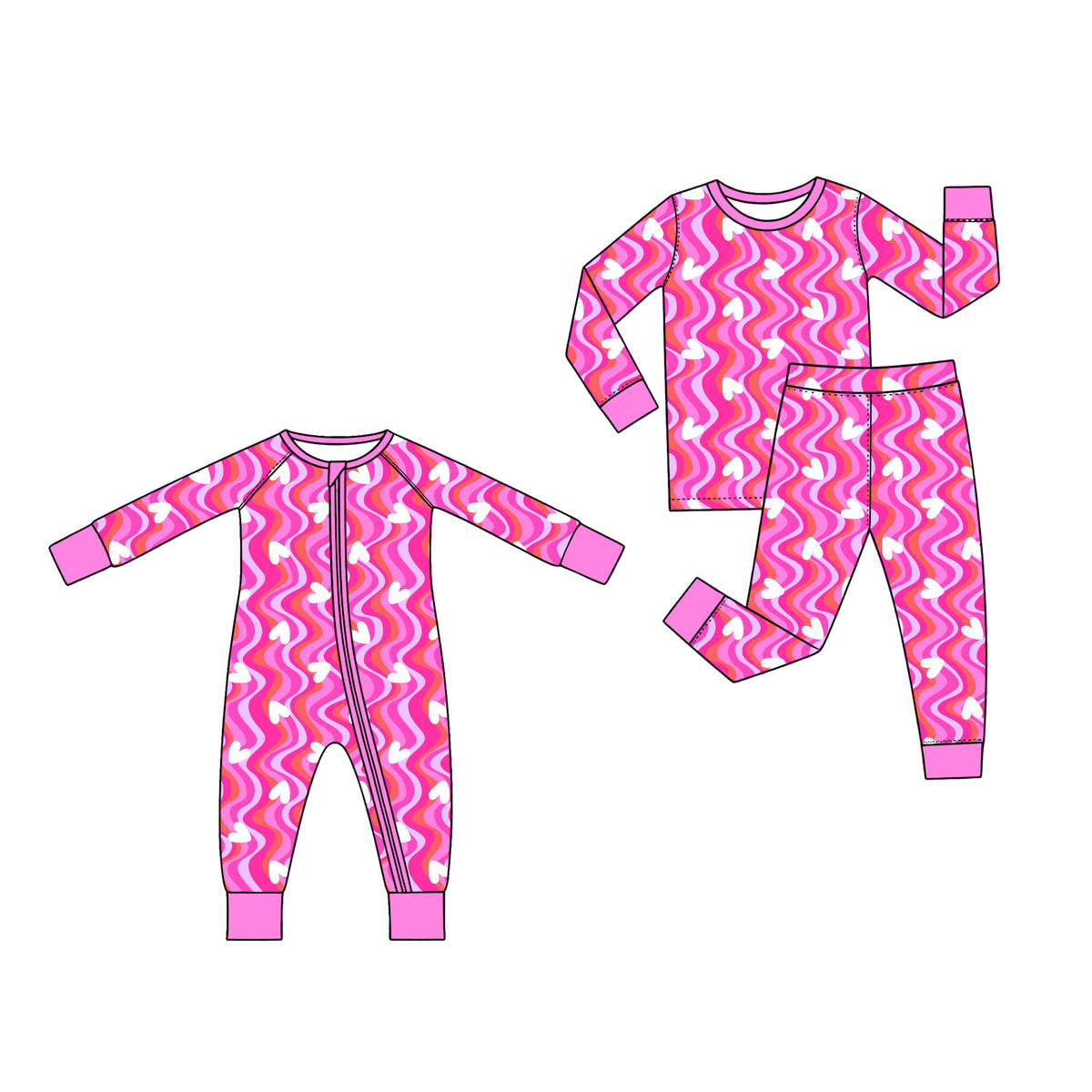 Preorder (moq 5) Baby Girl Clothes Pink Wavy Stripe White Heart Mixed Print Long Sleeve Top Pant Pajama Set