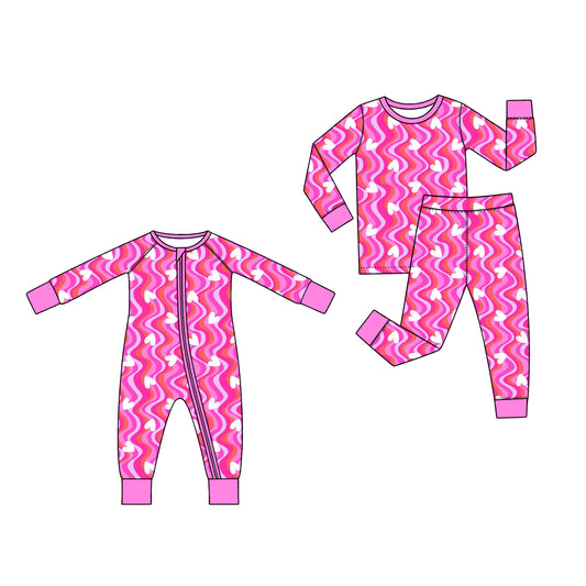 Preorder (moq 5) Baby Girl Clothes Pink Wavy Stripe White Heart Mixed Print Long Sleeve Top Pant Pajama Set