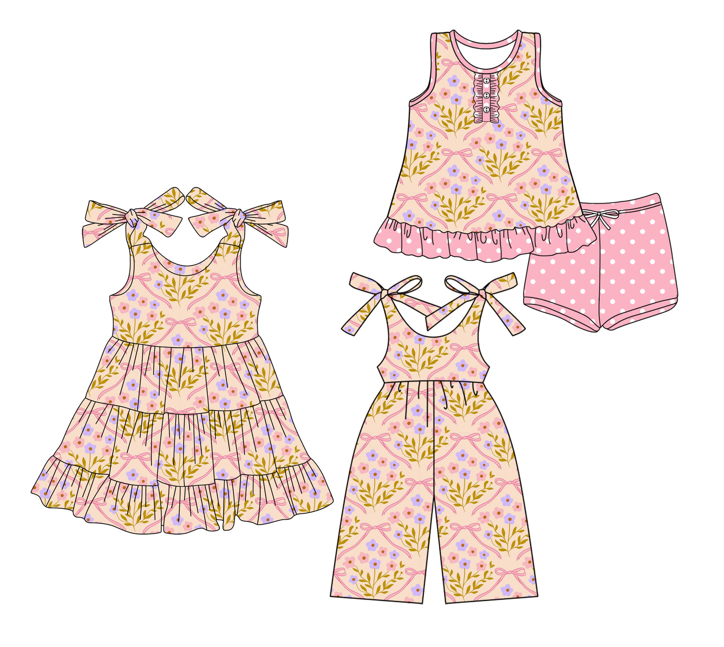 Preorder moq 5 Custom Baby Girls Peach Bows Floral Button Tunic Polka Dots Short Set Knee Length Dress Jumpsuits