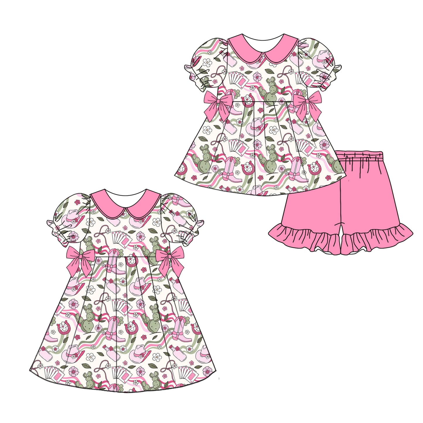 Preorder moq 5 Custom Baby Girls Boots Cactus Tunic Pink Ruffle Short Set Knee Length Dress