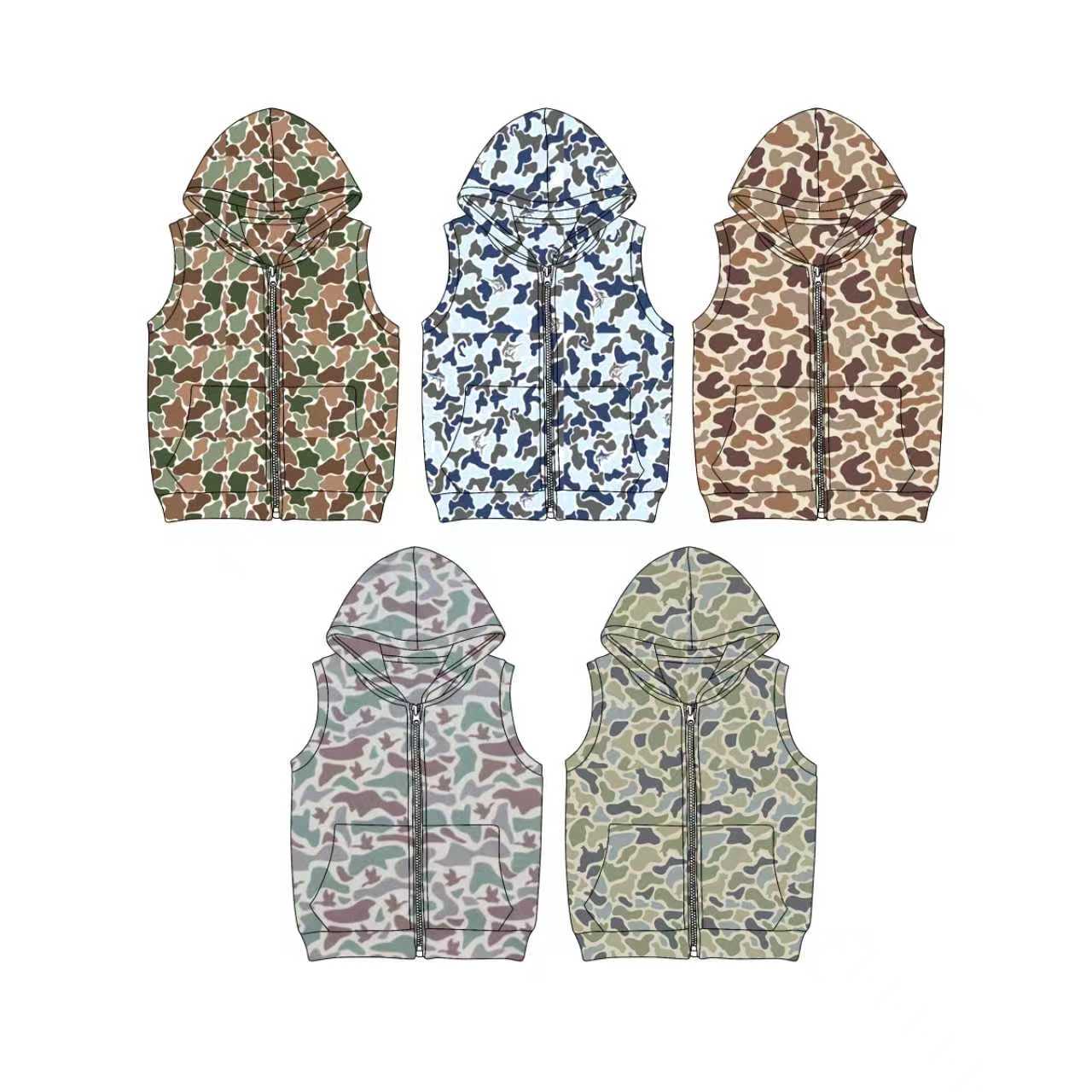 Preorder moq 5 (each item)Baby Boys Sleeveless Southern Camo Pocket Zipper Hoodie Jackets