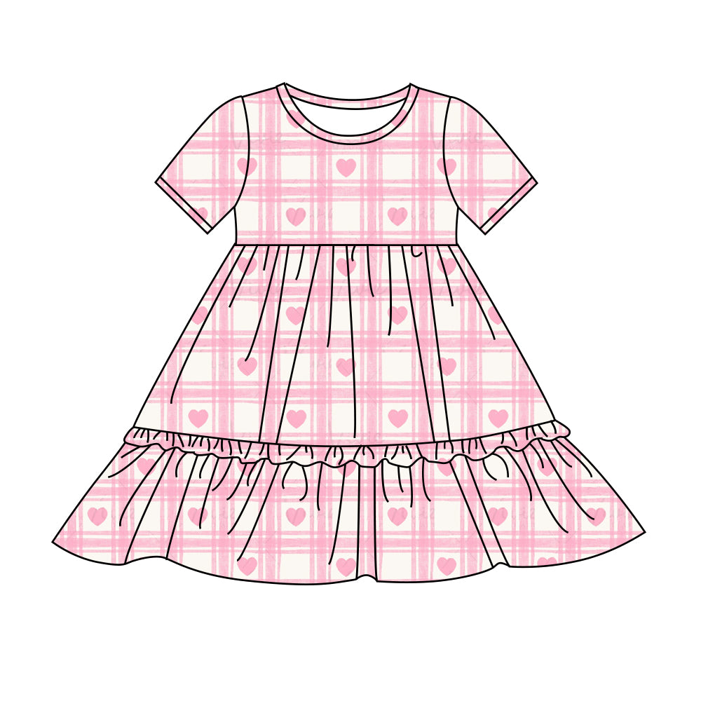 Preorder (moq 5)Baby Girls Valentines Pink Hearts Checkered Knee Length Dresses