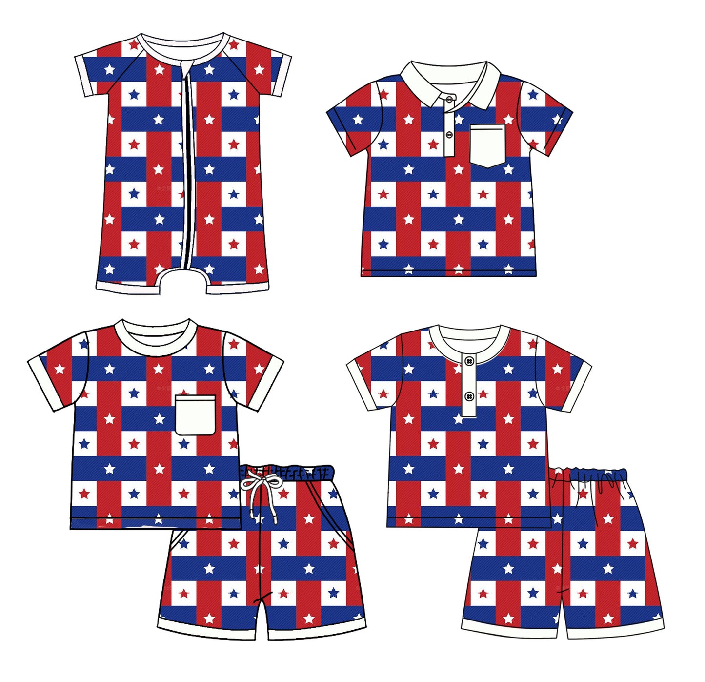 Preorder moq 5 Custom Baby Boys Short Sleeves Blue Red Plaid Stars Top Short Pajamas 4th Of July Set Polo Shirts And Zipper Rompers