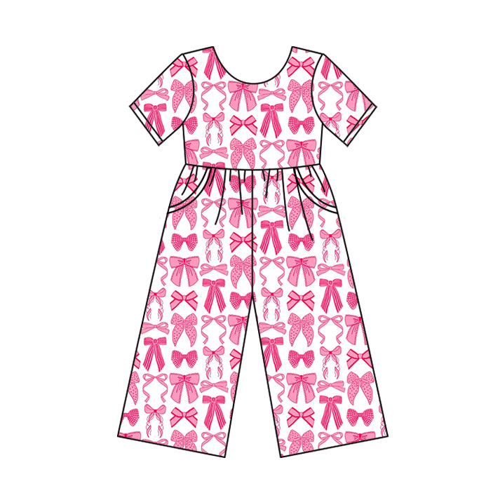 Preorder (moq 5)Baby Girls Short Sleeves Pink Bows Pockets Pant Jumpsuits