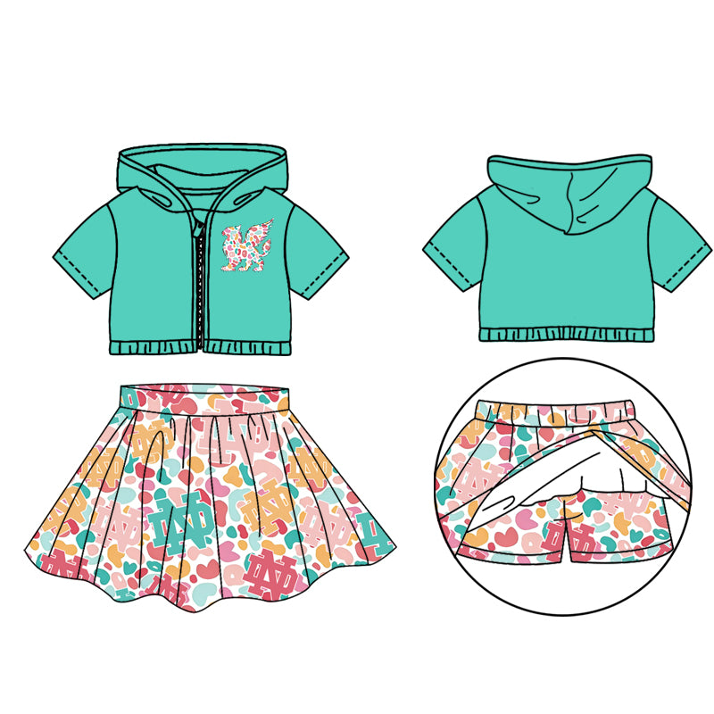 Preorder moq 5 Baby Girls ND Short Sleeves Zipper Hoodies Leopard Skorts Team Sets