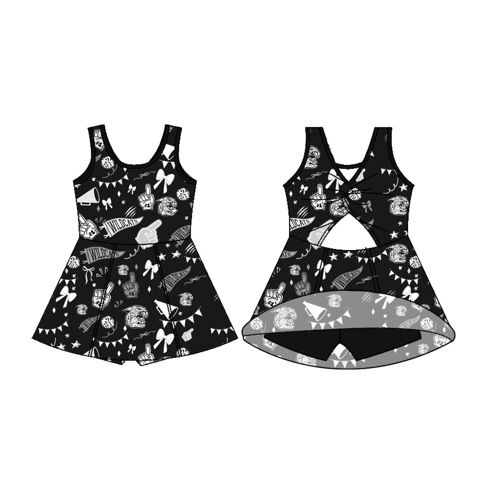 Preorder (moq 5)Baby Girls Sleeveless Black Wildcats Bows Shorts Team Dresses