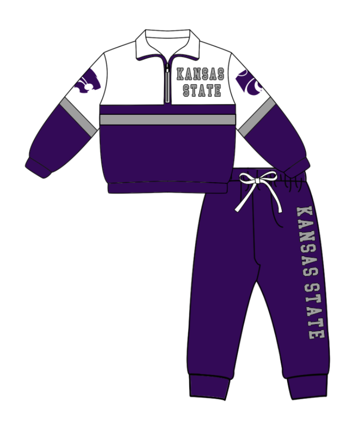Preorder (moq 5)Baby Boys Kansas State Zipper Pullover Jogger Pants Team Clothes Set