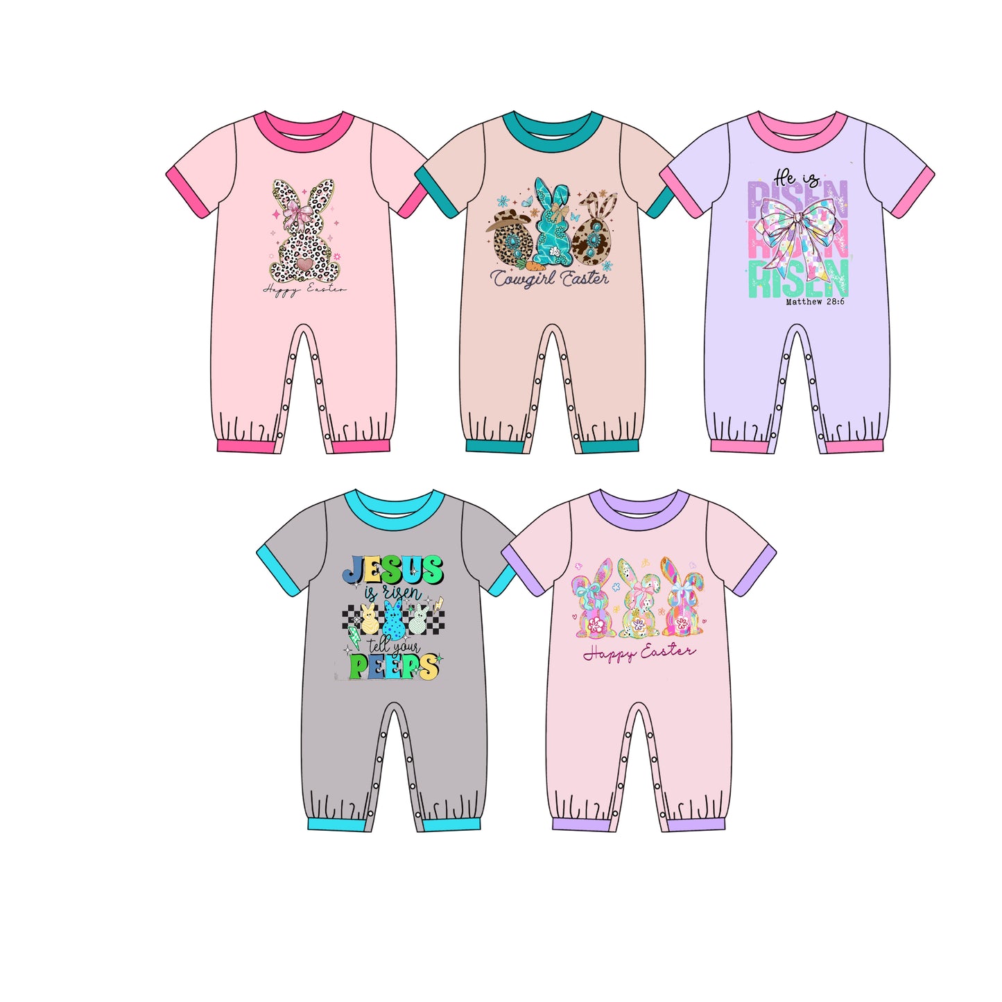 Preorder moq 5 (each item)Baby Boys Girls Short Sleeve Rabbits Bows Easter Footie Rompers