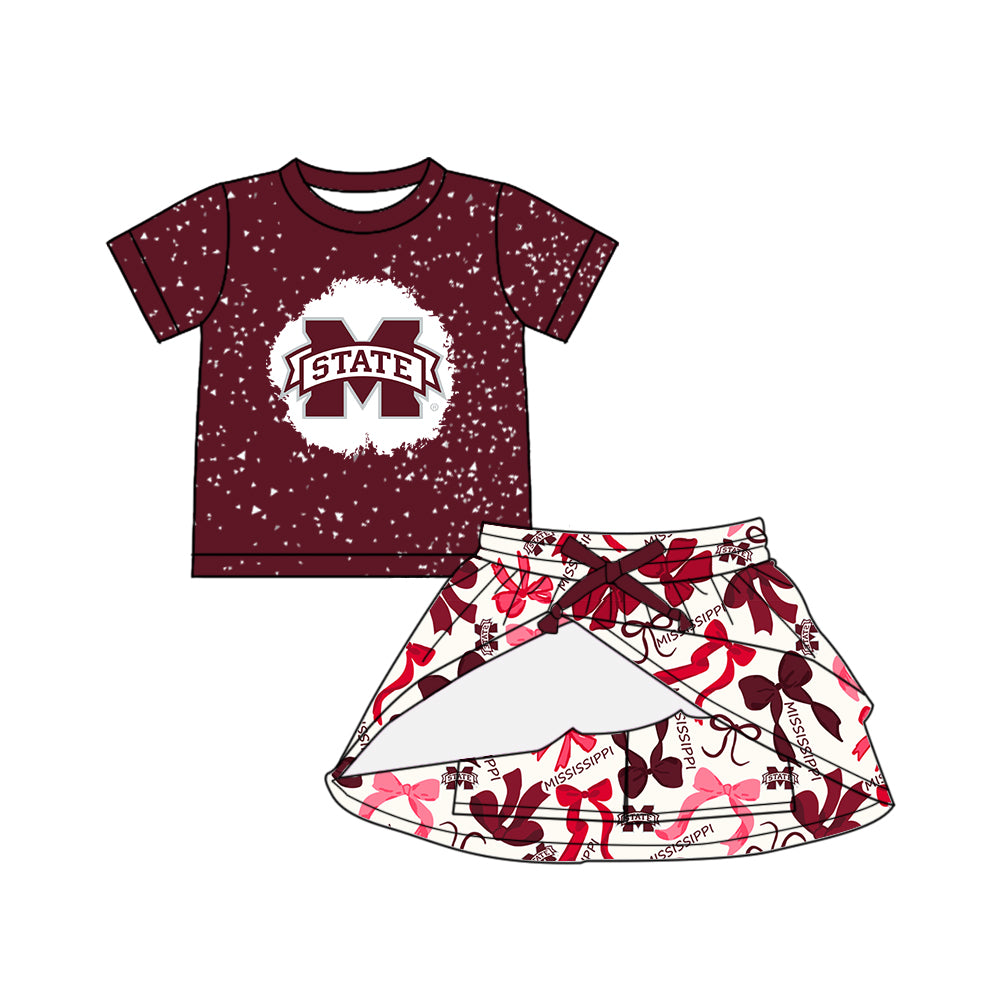 Preorder (moq 5)Baby Girls Dark Red Short Sleeves M State Top Bows Plaid Skorts Team Set