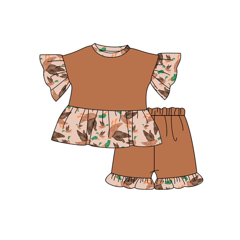 Preorder (moq 5)Baby Girls Khaki Short Ruffle Sleeves Ducks Tunic Short Set Preorder