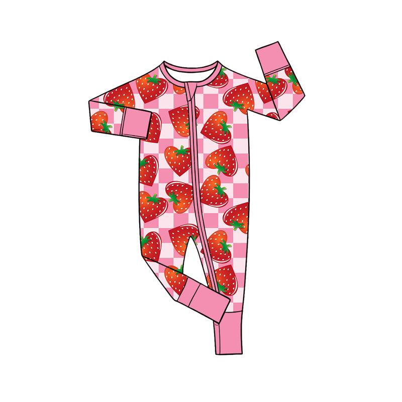 Preorder (moq 5) Baby Girl Clothes Pink Check Strawberry Allover Print Long Sleeve Zipper Romper