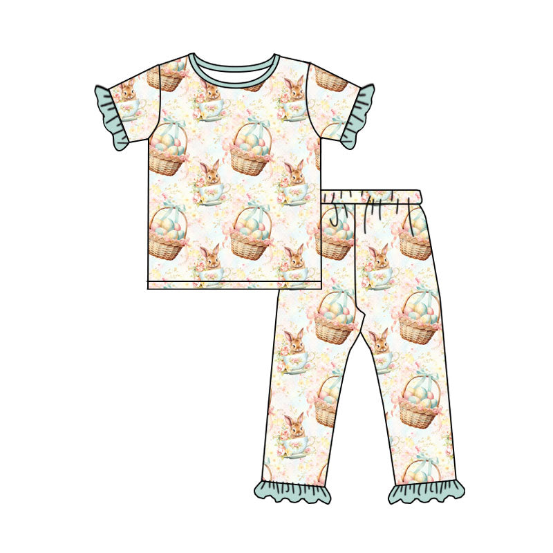 Preorder (moq 5) Baby Girl Clothes Easter Bunny Egg Basket Tea Cup Mixed Print Short Sleeve Ruffle Pant Set